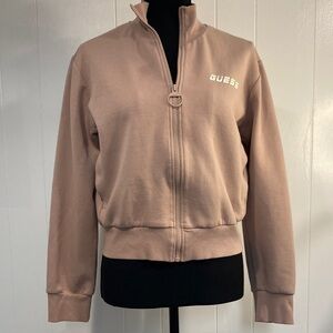 GUESS Bomber Jacket Cropped Zip Up Sweatshirt Street Pale Pink Tan Size Medium